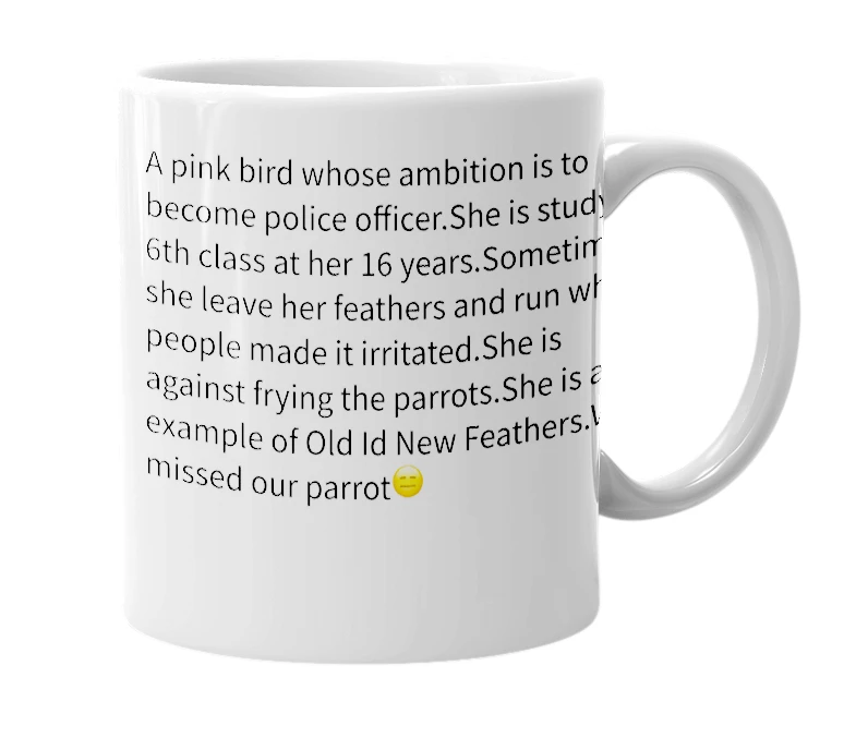 White mug with the definition of 'Parrot'