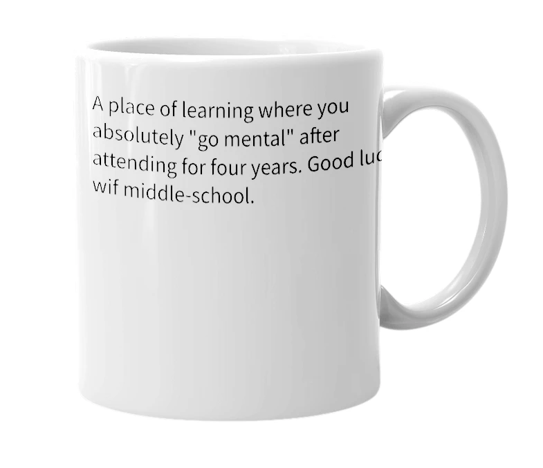 White mug with the definition of 'elementalry school'