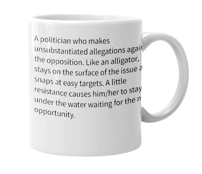 White mug with the definition of 'allegator'