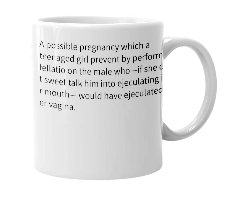 White mug with the definition of 'fellatio-prevented pregnancy'
