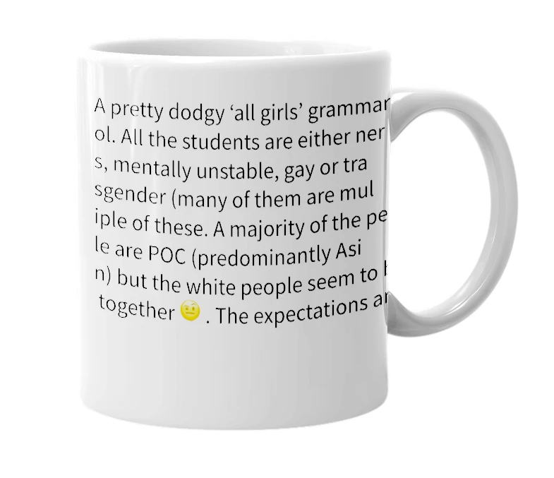 White mug with the definition of 'Woodford County Highschool'