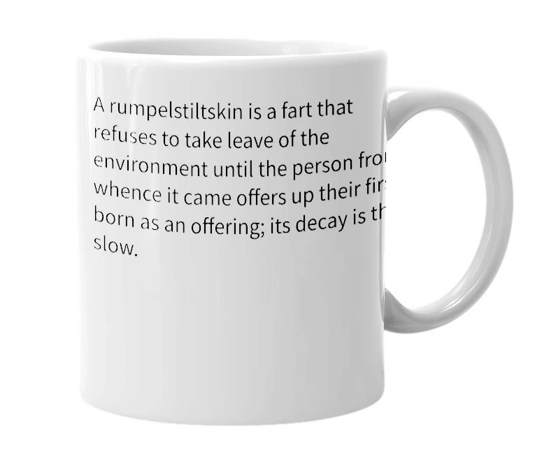White mug with the definition of 'Rumpelstiltskin'