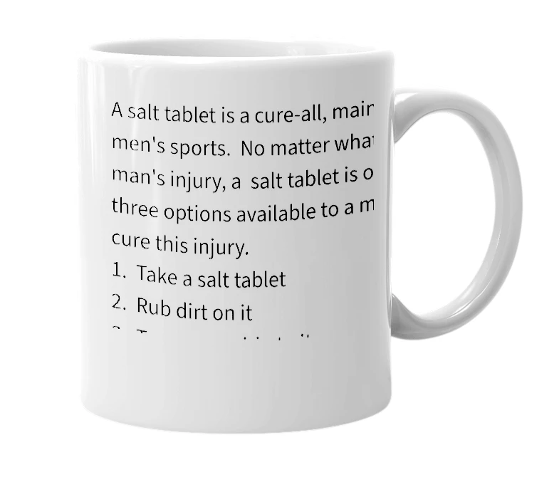 White mug with the definition of 'salt tablet'