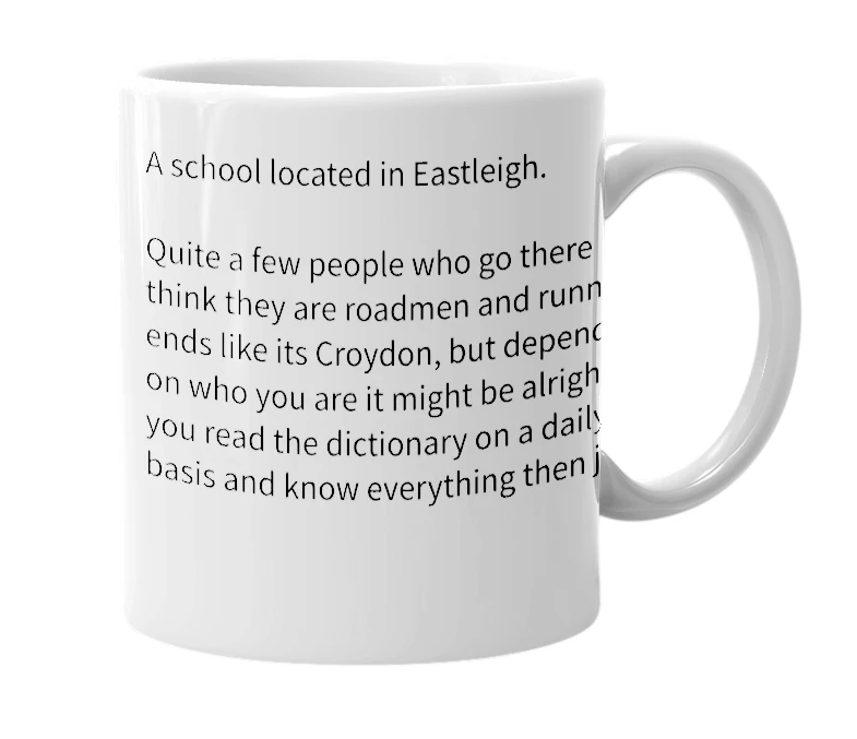 White mug with the definition of 'Crestwood Community School'