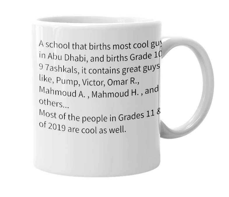 White mug with the definition of 'Al Nahda National School For Boys'