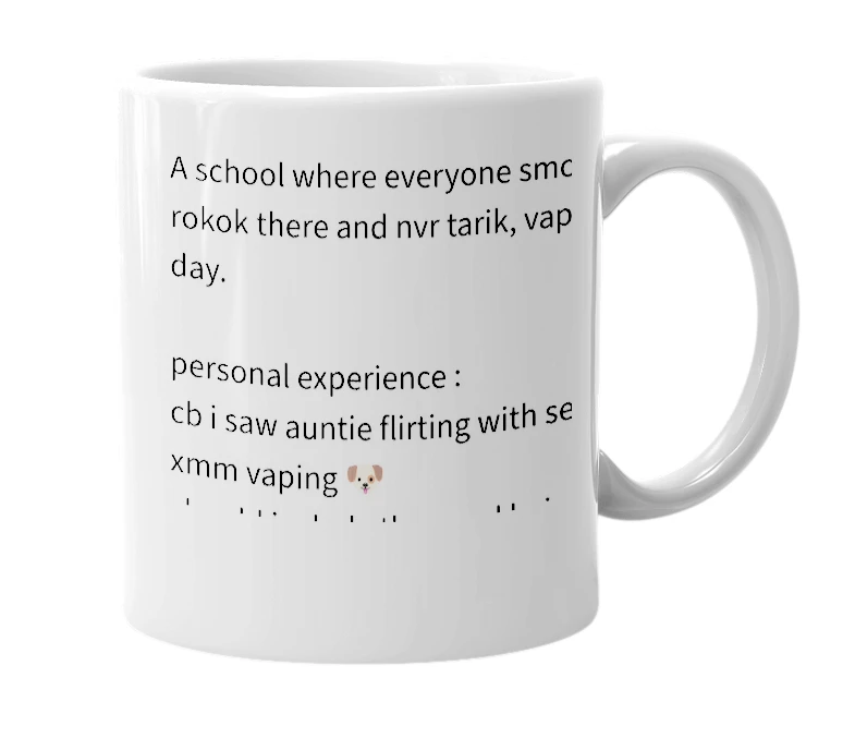 White mug with the definition of 'fajar secondary school'