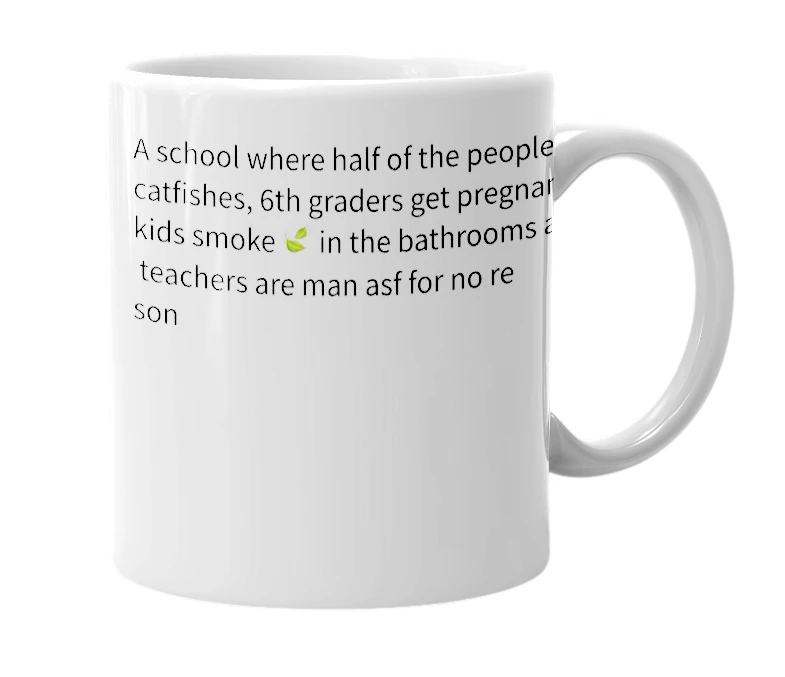 White mug with the definition of 'Vivian Field Middle School'