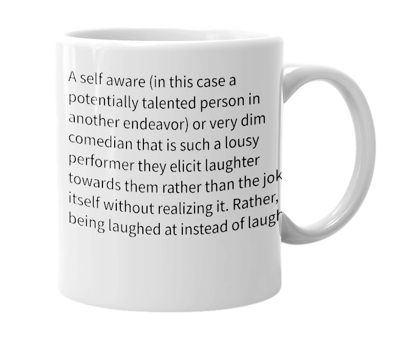 White mug with the definition of 'Inverse Comedian'