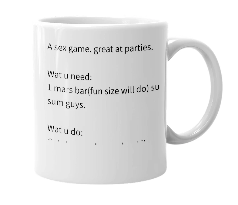 White mug with the definition of 'mars bar game'