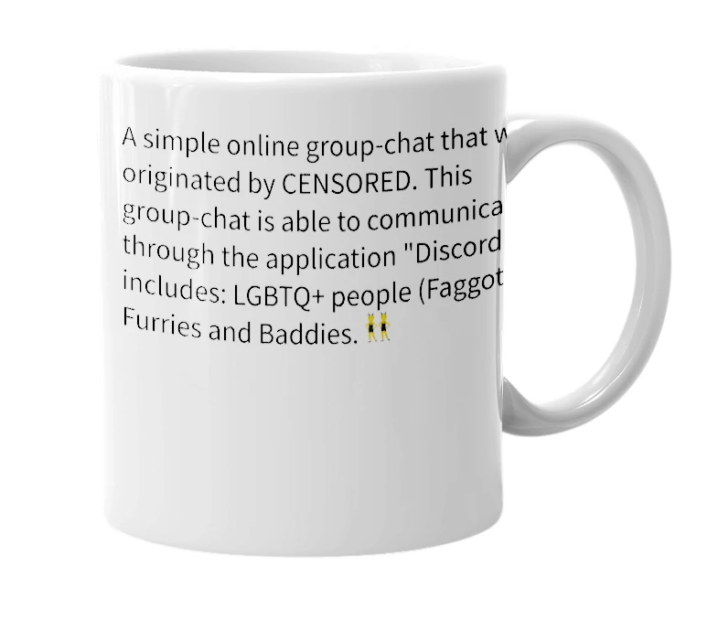 White mug with the definition of 'the mimic pls discord gc'