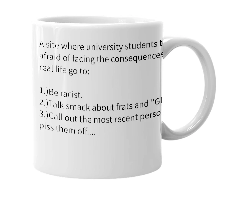 White mug with the definition of 'juicy campus'
