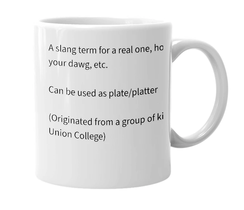 White mug with the definition of 'Plate'