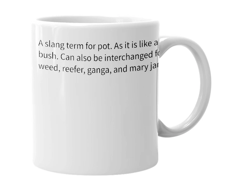 White mug with the definition of 'Burning Bush'