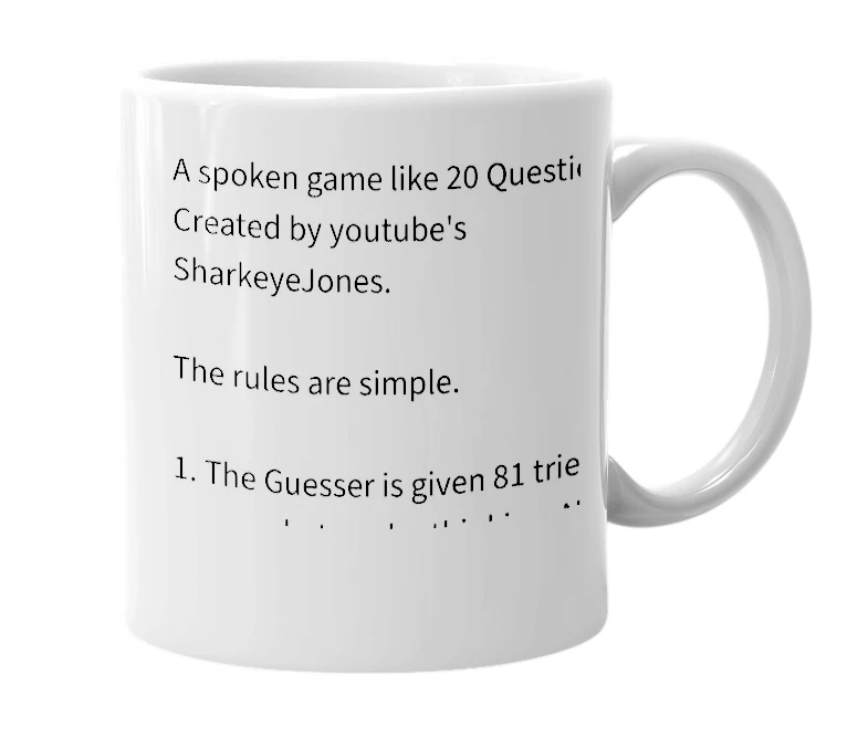White mug with the definition of '81 Guesses'