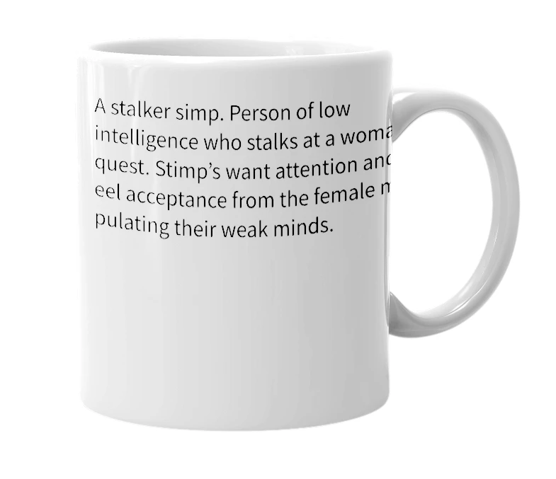 White mug with the definition of 'Stimp'
