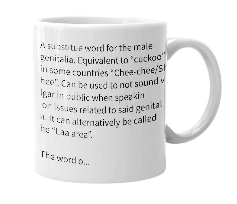 White mug with the definition of 'Laa'