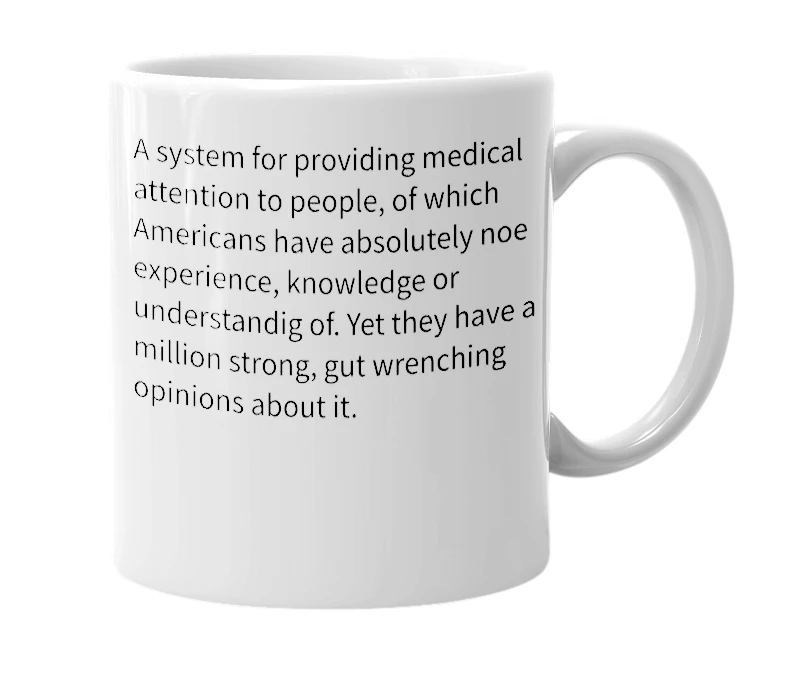 White mug with the definition of 'Universal Healthcare'