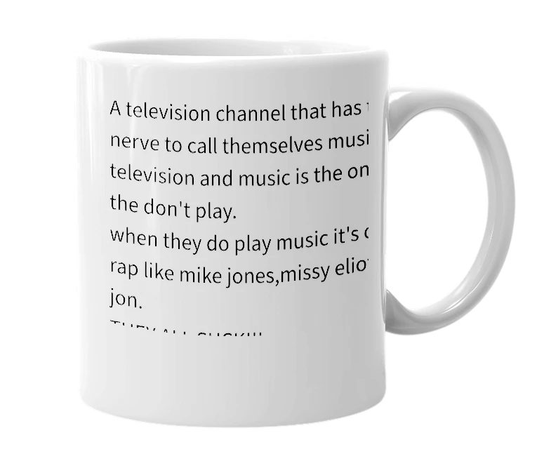 White mug with the definition of 'mtv'