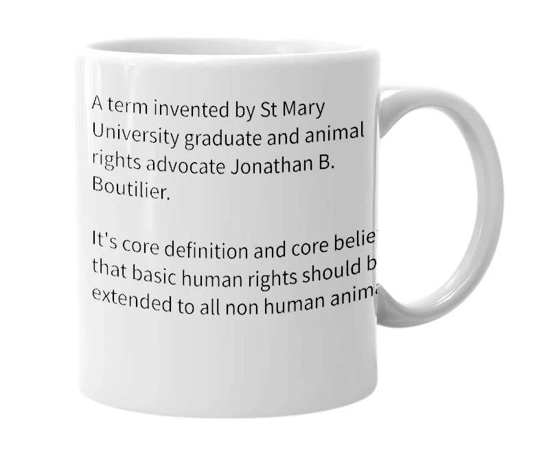 White mug with the definition of 'Pan-Species Rights'