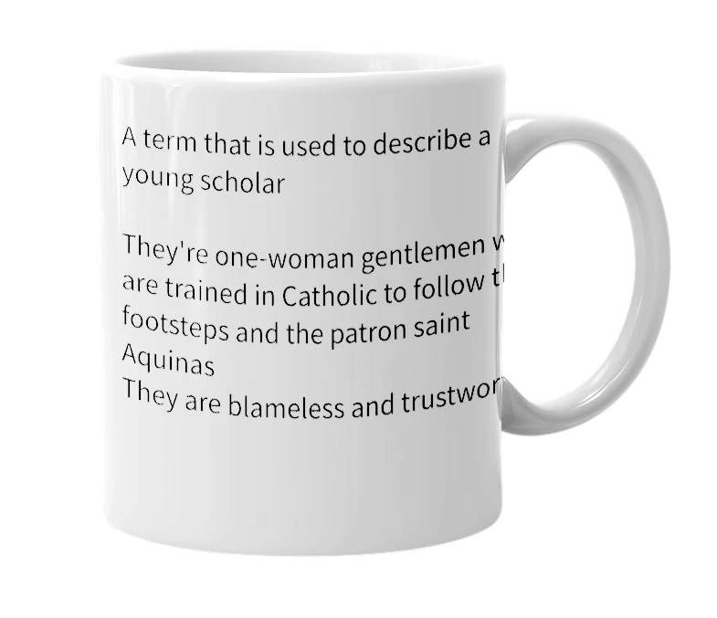 White mug with the definition of 'Aquinas boy'