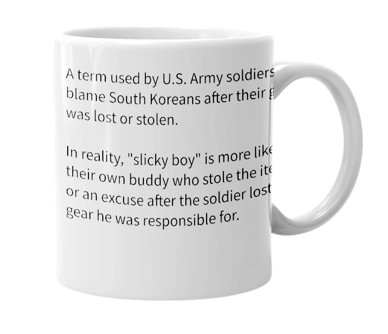 White mug with the definition of 'slicky boy'