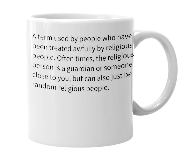 White mug with the definition of 'Religious trauma'