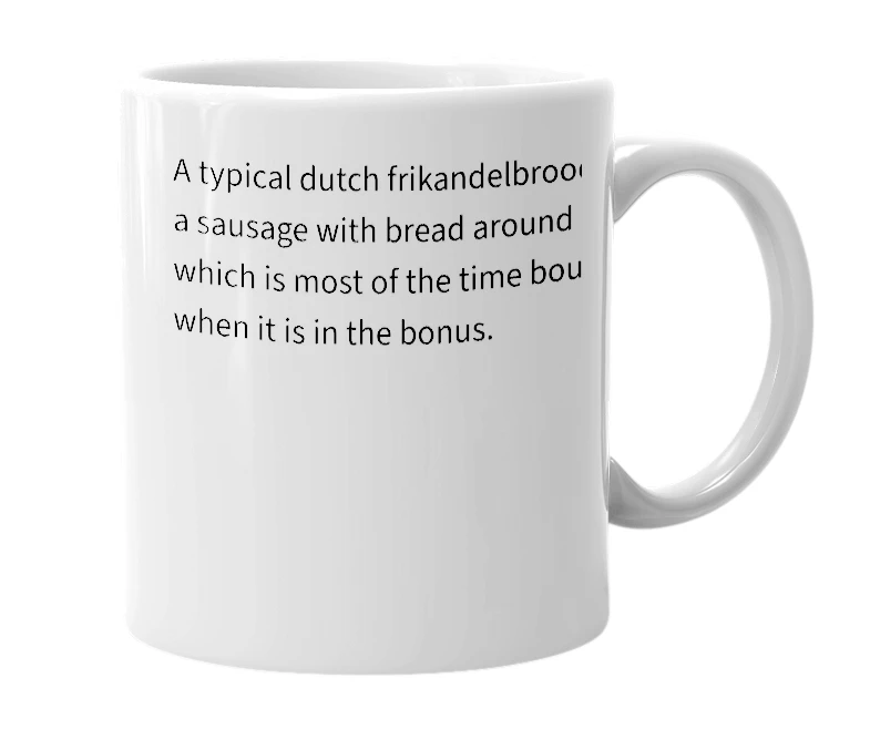 White mug with the definition of 'frikandelbroodje'
