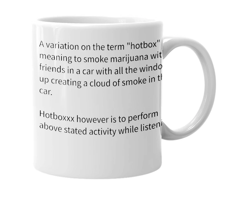 White mug with the definition of 'hotboxxx'