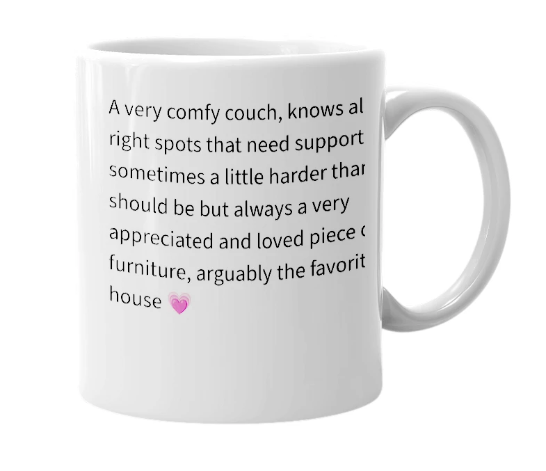 White mug with the definition of 'Sofa'