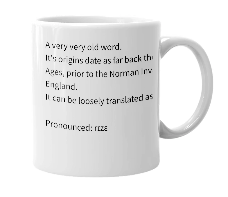 White mug with the definition of 'Rizeh'