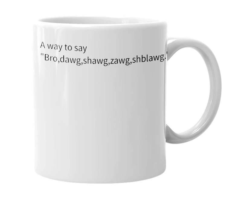 White mug with the definition of 'Shawgathon'