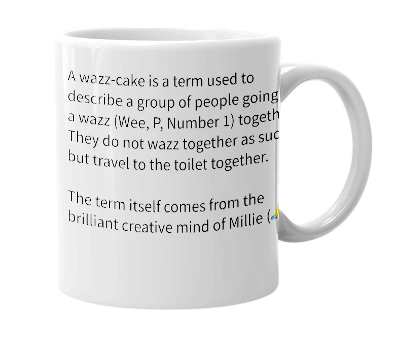 White mug with the definition of 'Wazz-Cake'