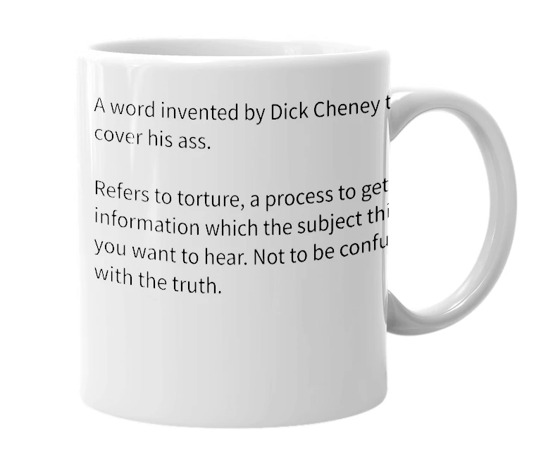 White mug with the definition of 'Enhanced interrogation'