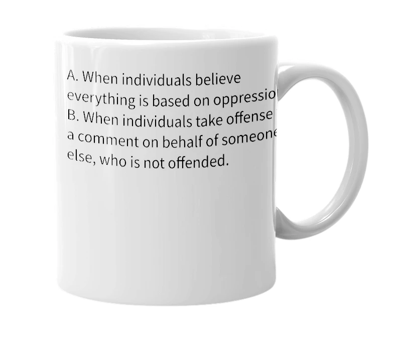 White mug with the definition of 'Oppression-train'