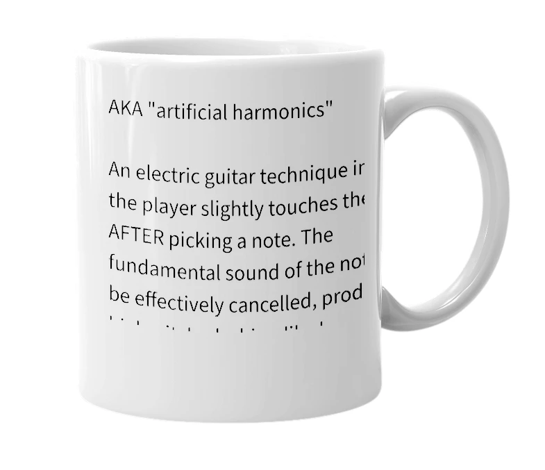 White mug with the definition of 'pinch harmonics'