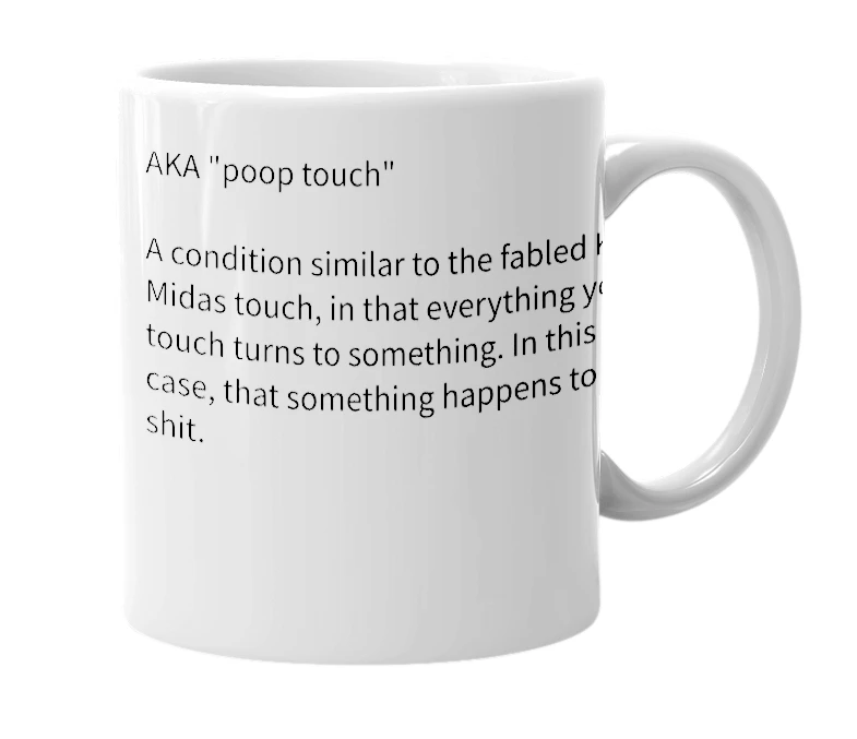 White mug with the definition of 'brown touch'