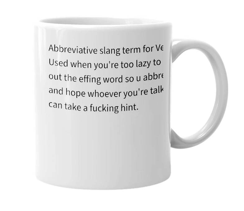 White mug with the definition of 'v'