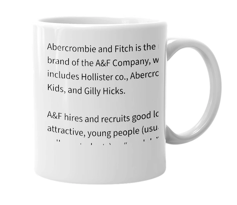 White mug with the definition of 'Abercrombie and Fitch'