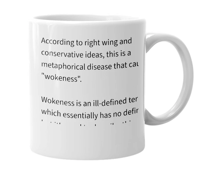 White mug with the definition of 'Woke Mind Virus'