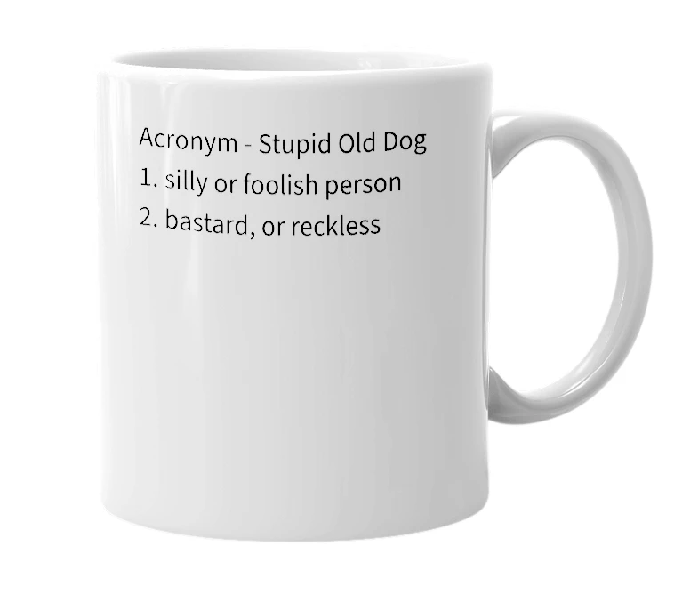 White mug with the definition of 'SOD'