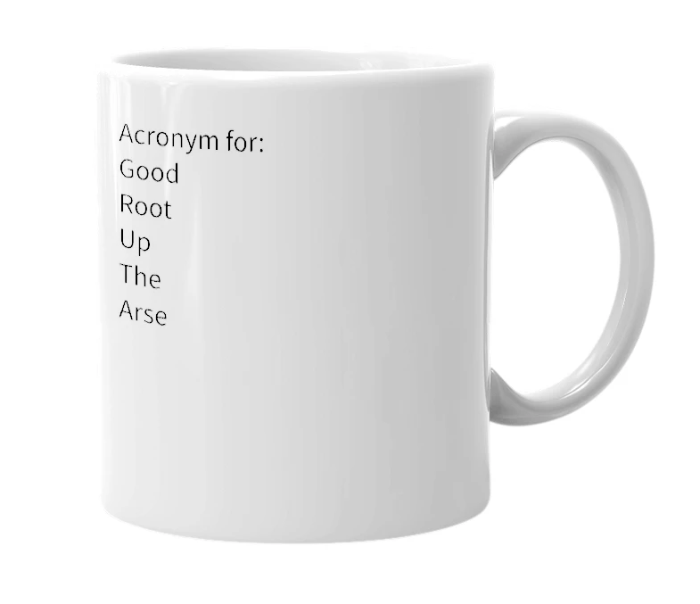 White mug with the definition of 'GRUTA'