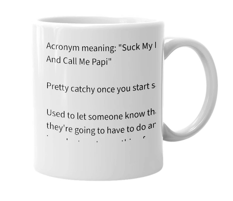White mug with the definition of 'smdacmp'