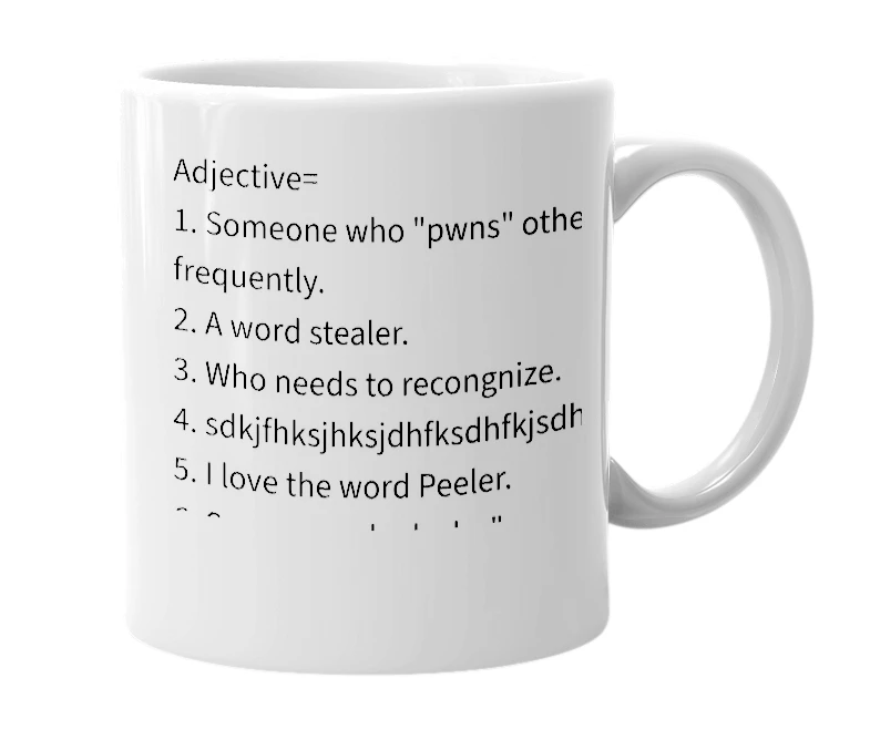 White mug with the definition of 'Peeler'