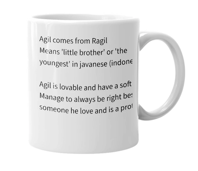 White mug with the definition of 'Agil'