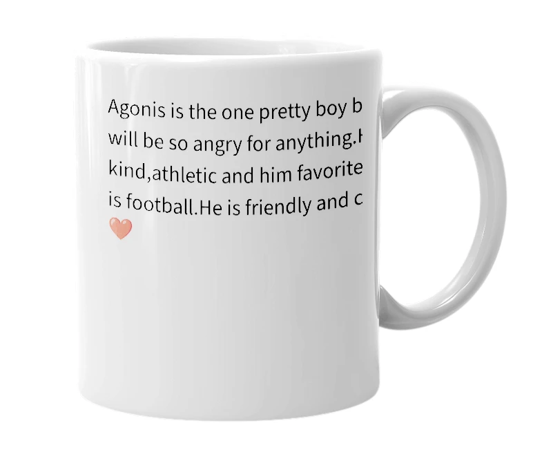 White mug with the definition of 'Agonis'