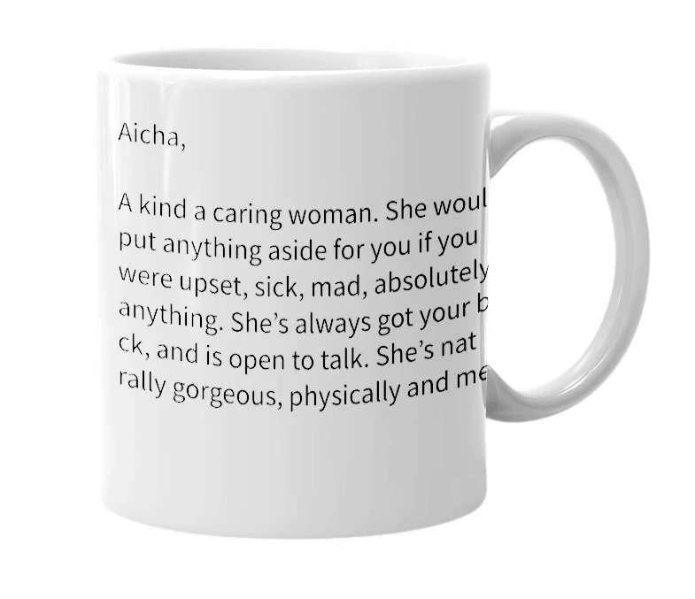 White mug with the definition of 'Aicha'