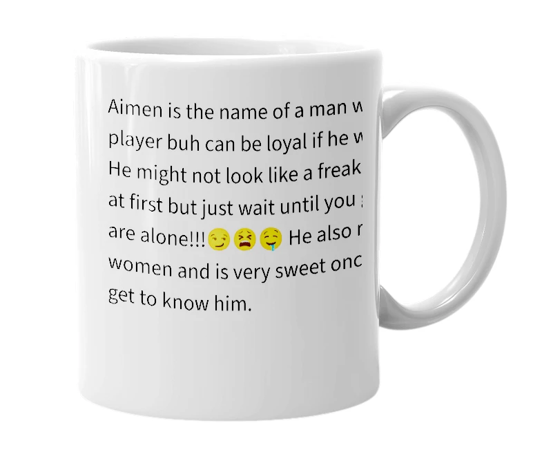 White mug with the definition of 'Aimen'