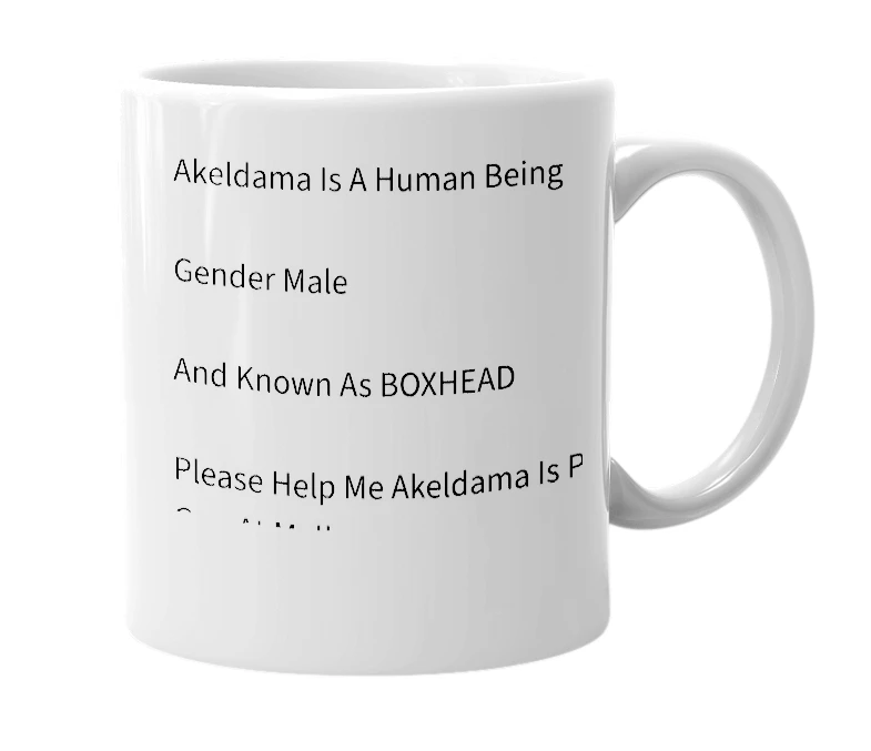 White mug with the definition of 'Akeldama'