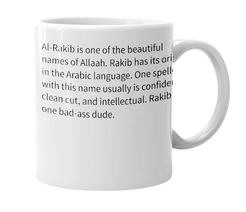 White mug with the definition of 'Rakib'