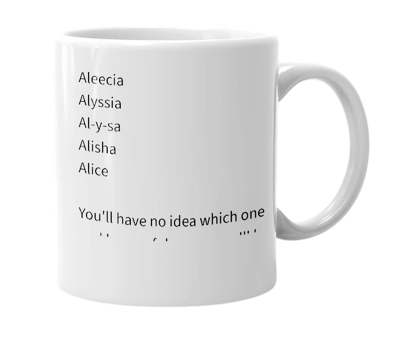 White mug with the definition of 'Alicia'